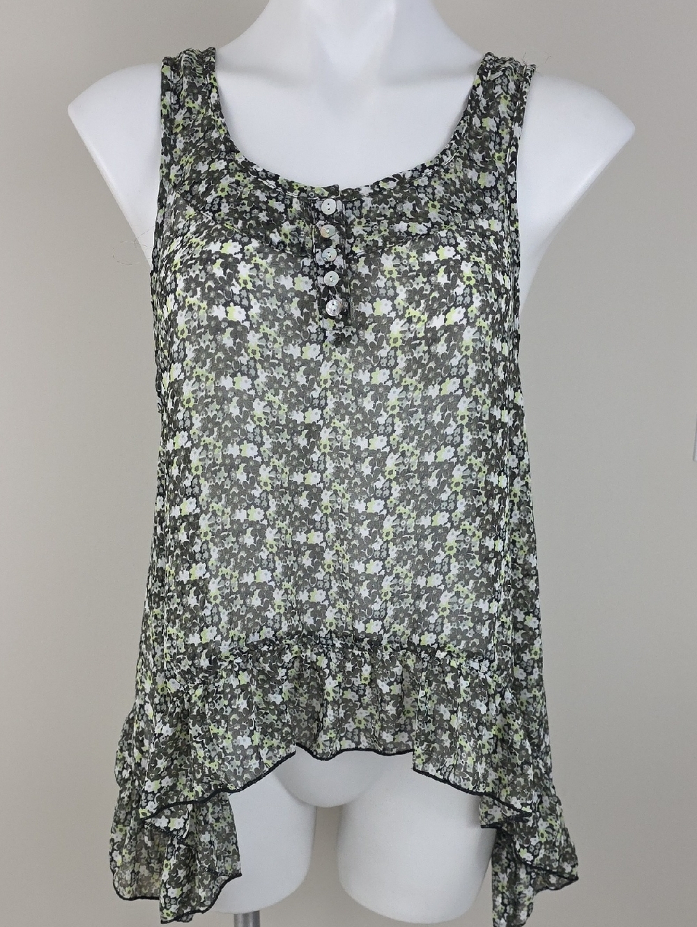 Fun & Flirt Sheer Floral Print Sleeveless Top - Black, Green, White Size Medium